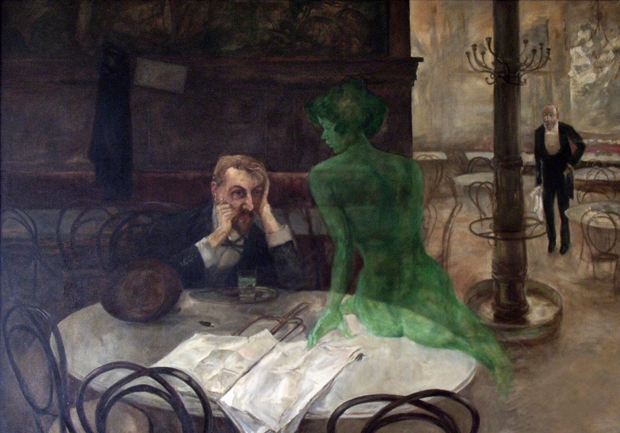 GRØNN: Absint ble gjerne kalt "la fee verte» - den grønne feen. På Viktor Olivas maleri "Absintdrikkeren" fra 1901, har kafégjesten fått grønt selskap.