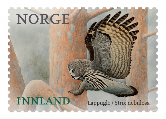 En lappugle (Strix nebulosa) pryder dette frimerket som gis ut av Posten Norge 2. januar 2018. Som ellers i serien Norske fugler er de nye frimerkene illustrert av Viggo Ree.