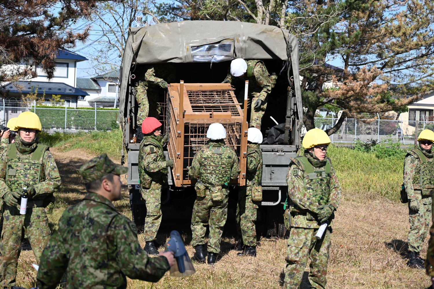 Japanske soldater bærer ut et bjørnebur fra et fartøy i forsvarets leir i Akita nord i Japan. Det japanske militæret er satt inn i arbeidet med å fange bjørner etter at det siden april har vært mer enn 100 angrep i landet.