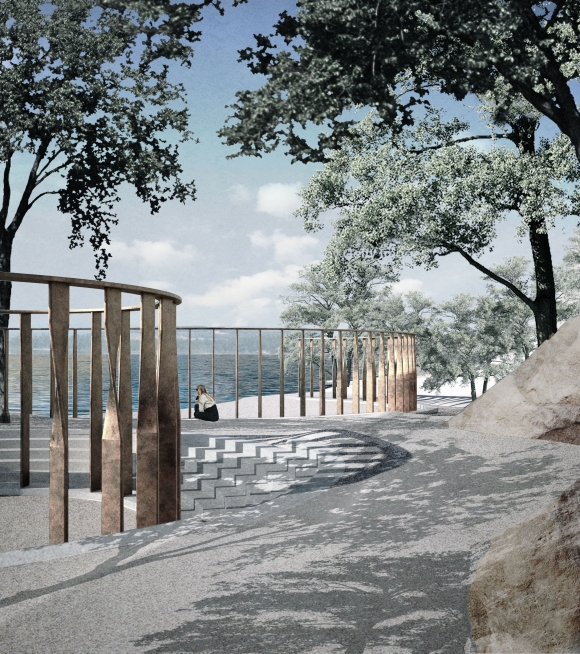 Minnested ved Utøya, modell som viser hvordan monumentet er plassert inn i landskapet.